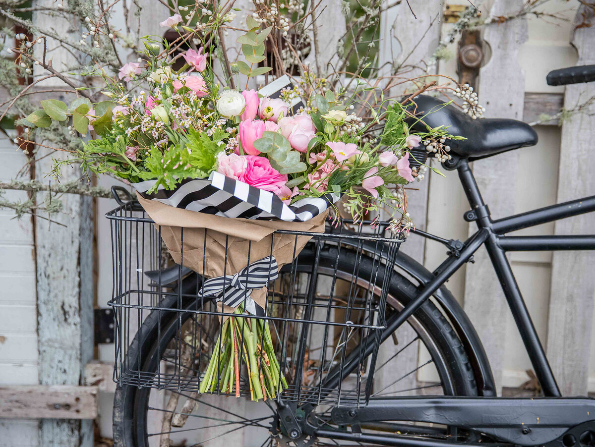 bike with flowers outside the flower theory florist in danville, ca photographed by nancy ingersoll
