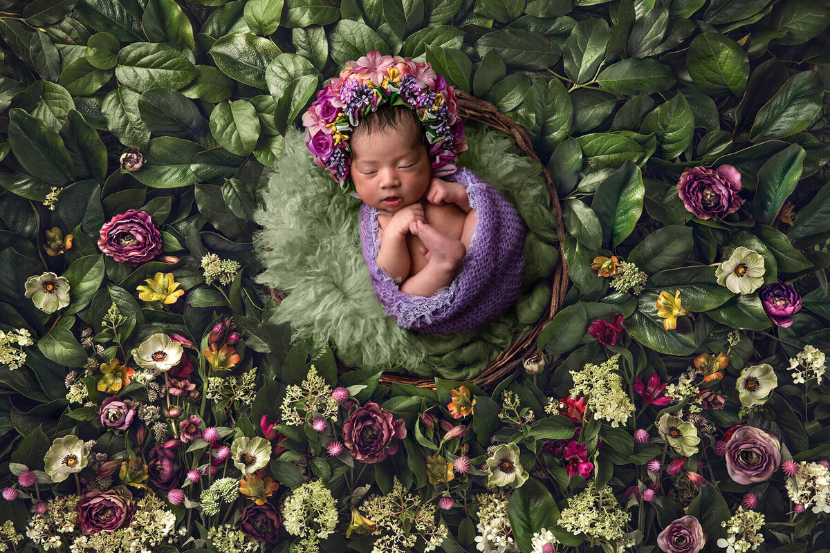 newborn baby laying in a garden of flowers