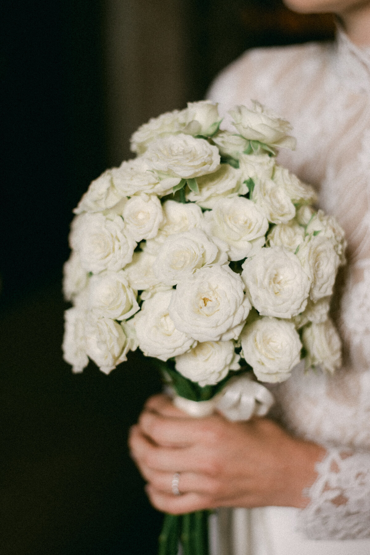 Wedding flower boquet of little white roses.