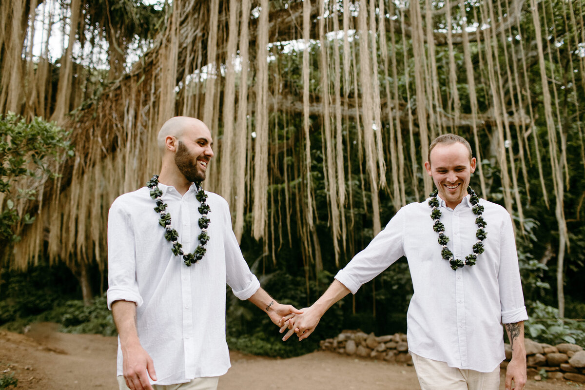 Maui same sex elopement wedding walking in the jungle