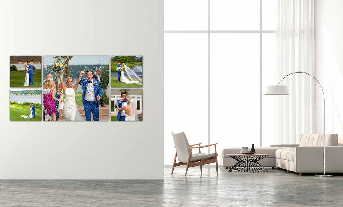 A composite of 5 images on the wall of a very bright living room with tall ceiling.