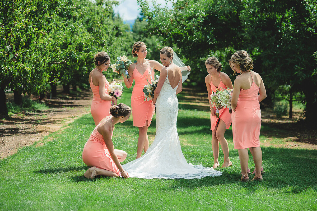 bride and bridesmaids in orchard
