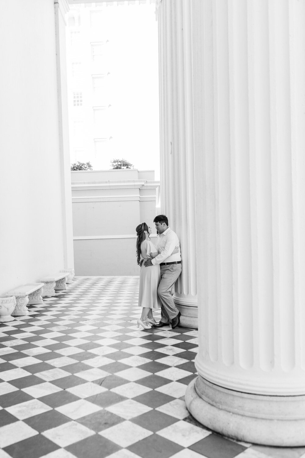Black and white portrait of couple at Hibernian Hall Engagement Session Charleston Wedding Photographer