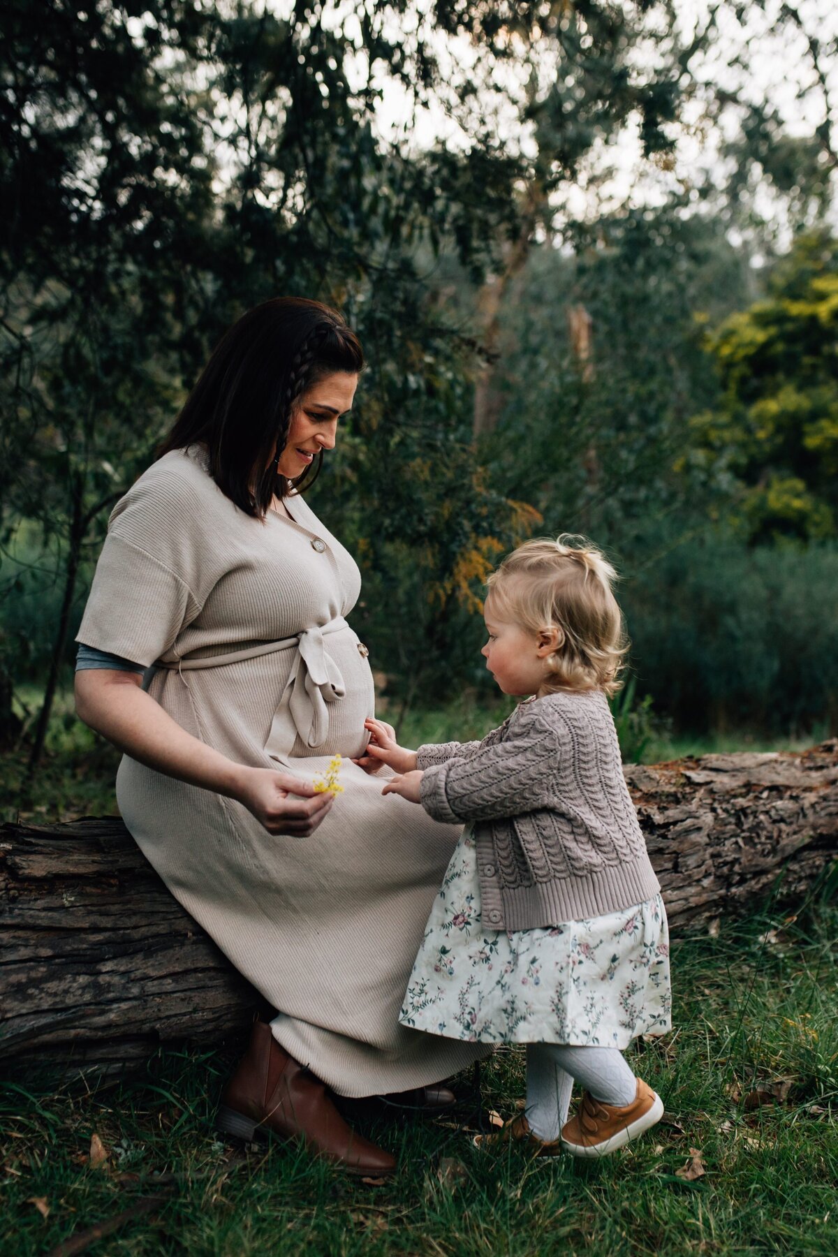 Mother sitting on log in Hurstbridge bushland as young daughter touches pregnant belly, during maternity photoshoot.