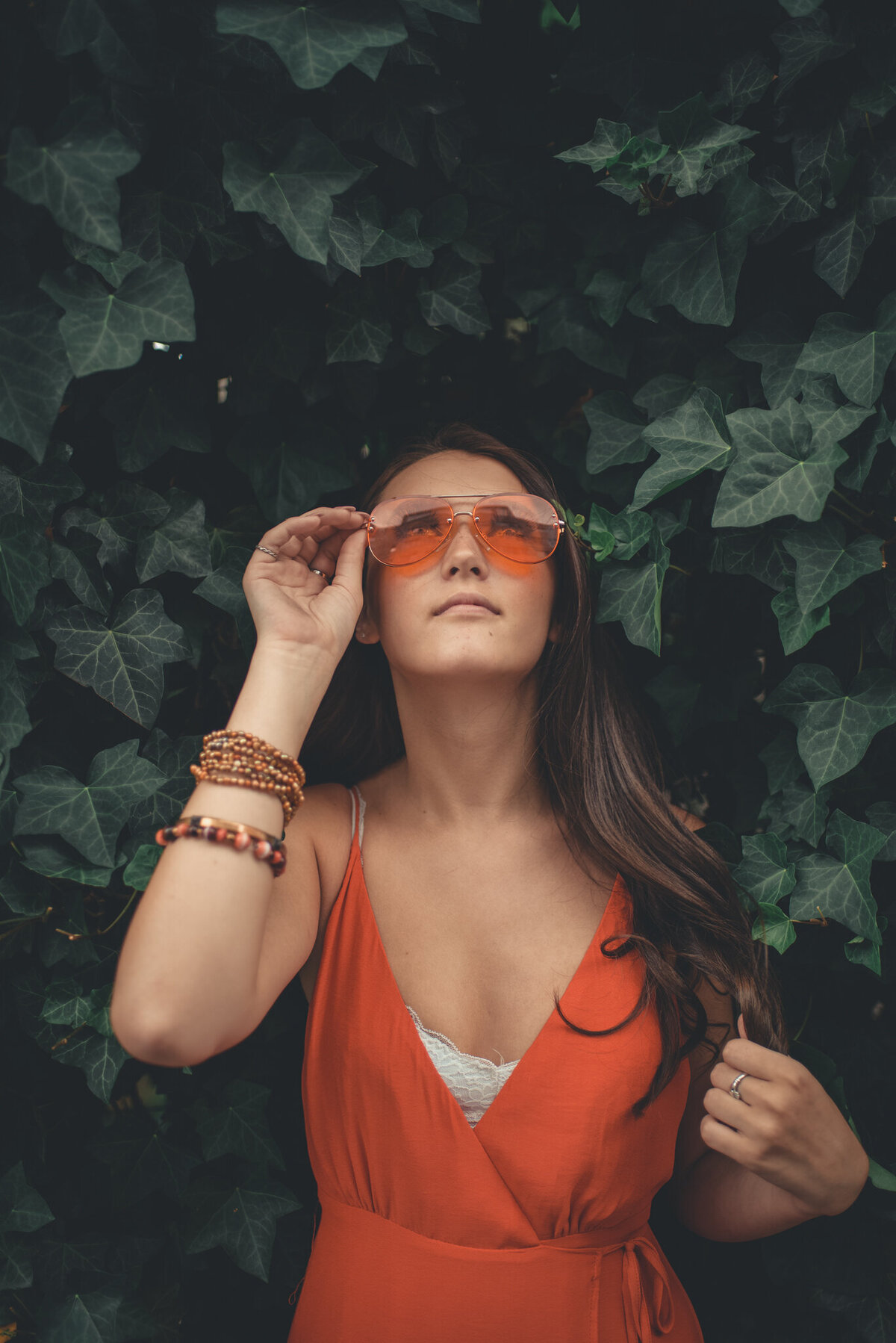 Woman-in-orange-dress-sunglasses-iowa-photography