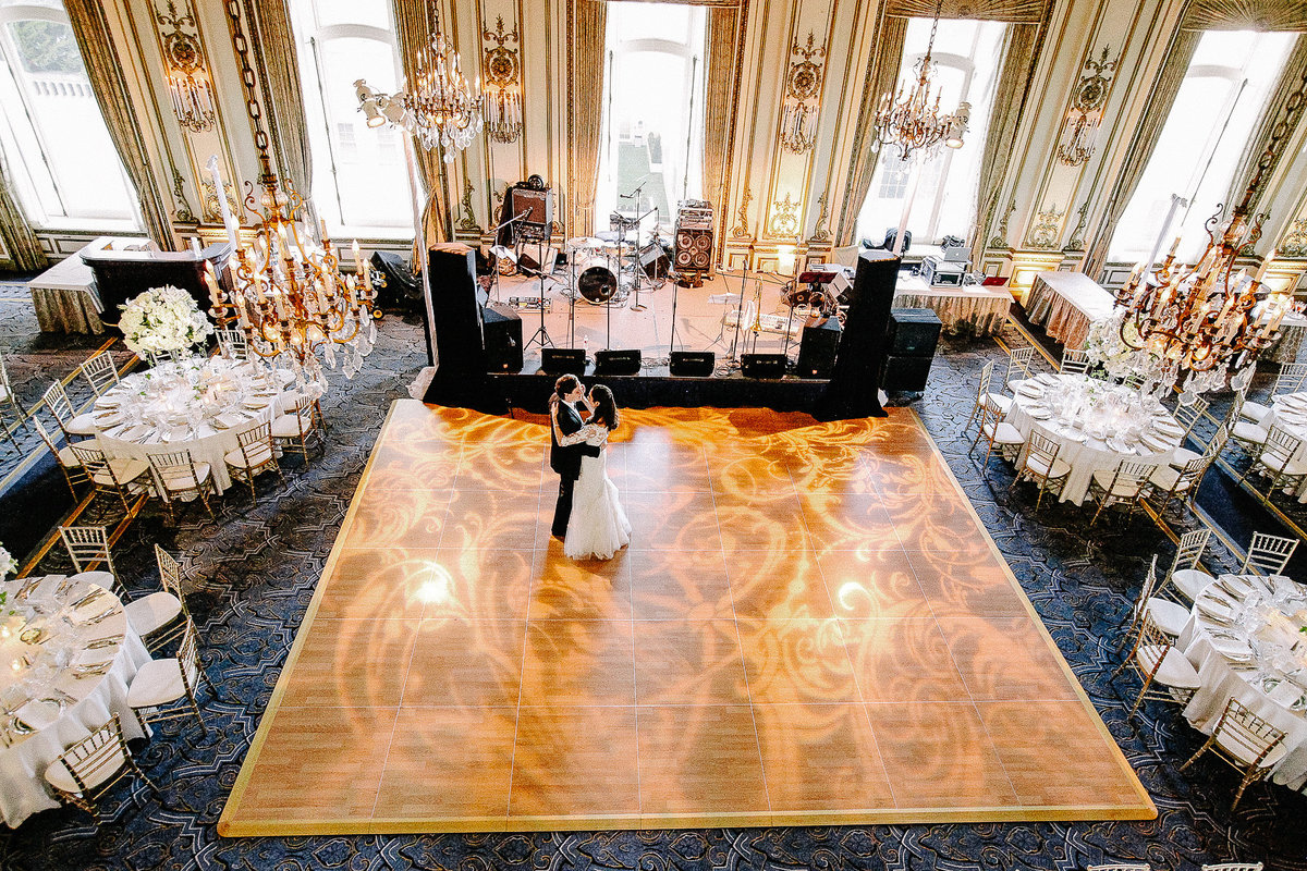 A wedding couple's first dance at the Fairmont Hotel in San Francisco