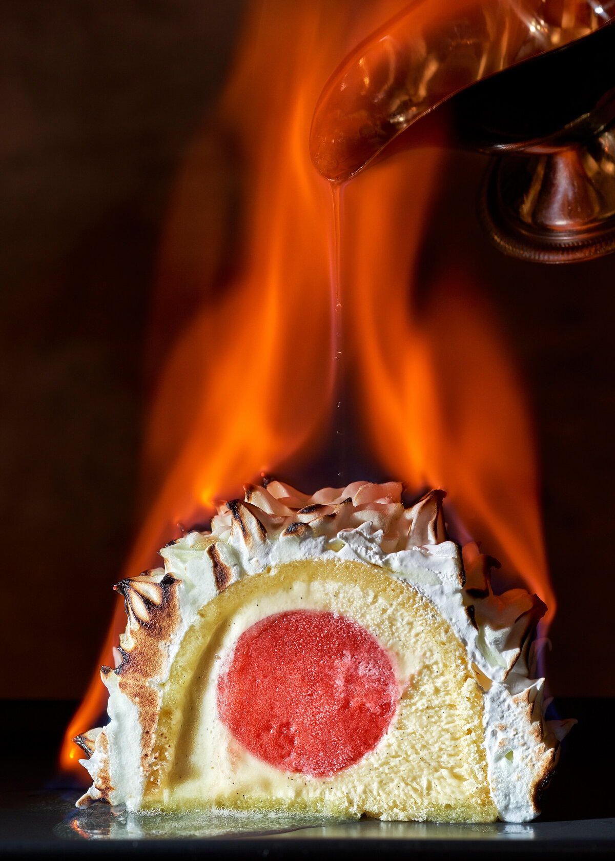 Fire engulfing a dessert