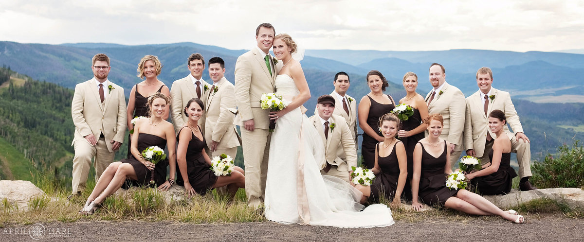Unique large wedding party portrait mountainside at Steamboat Springs Resort in Colorado