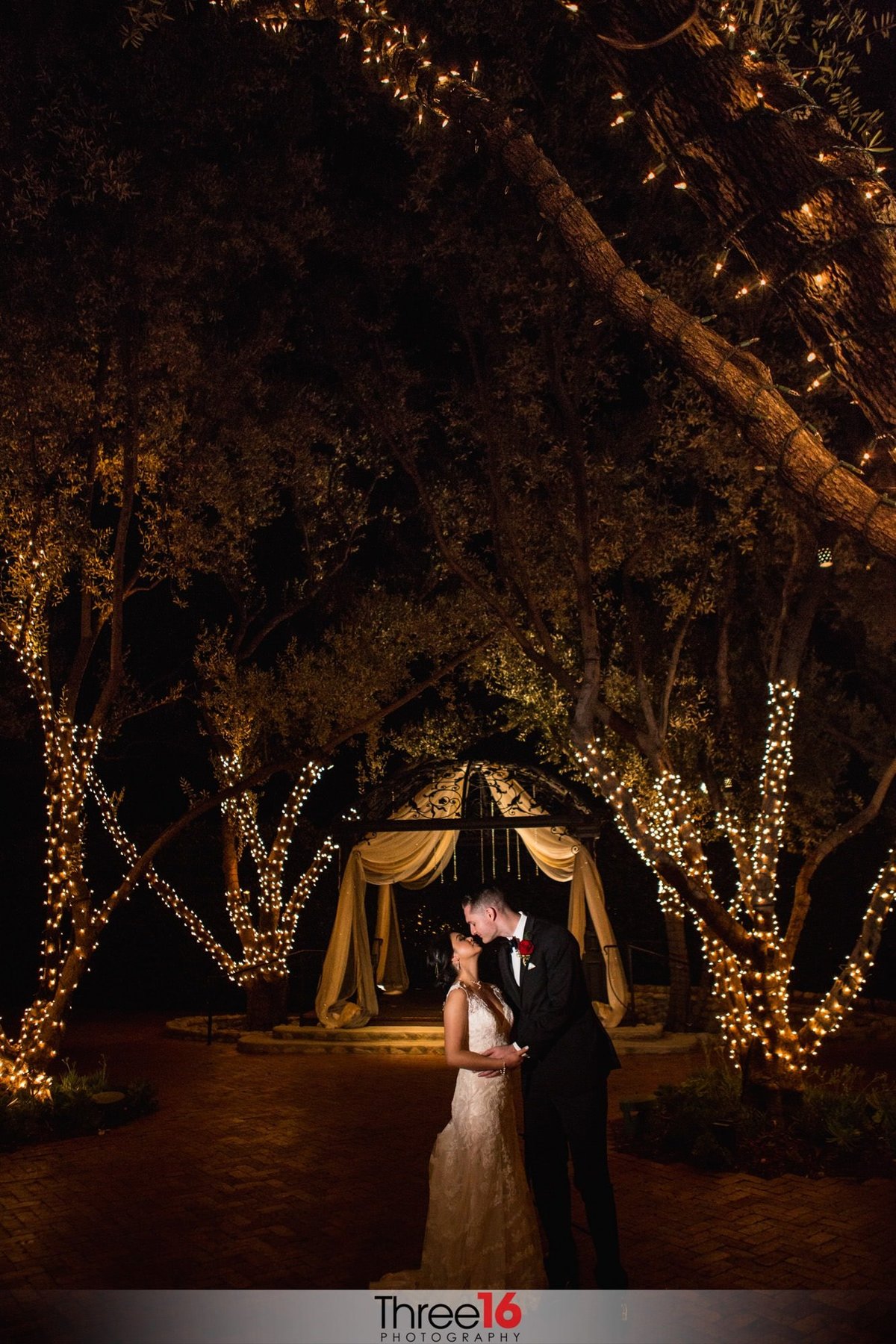 Beautiful night shot of Bride and Groom about to share a kiss together under the lighted trees