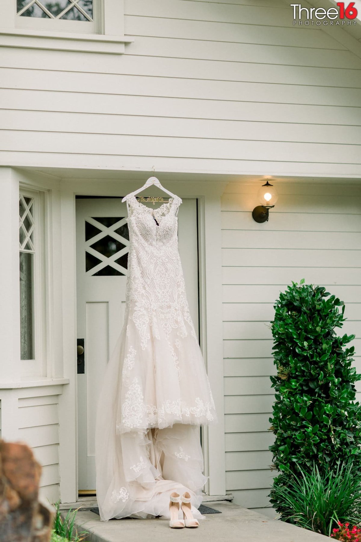 Bride's Gown and Shoes are on display outside of the Nixon Birthplace in Yorba Linda, CA