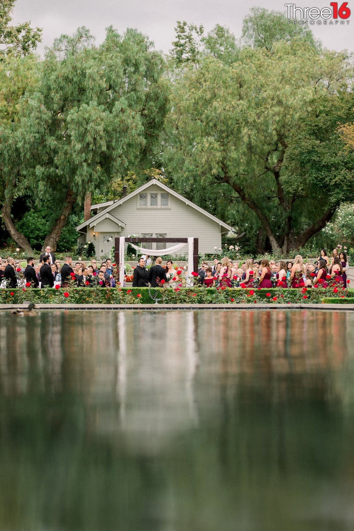 Wedding Ceremony from across the reflecting pool at the Richard Nixon Library