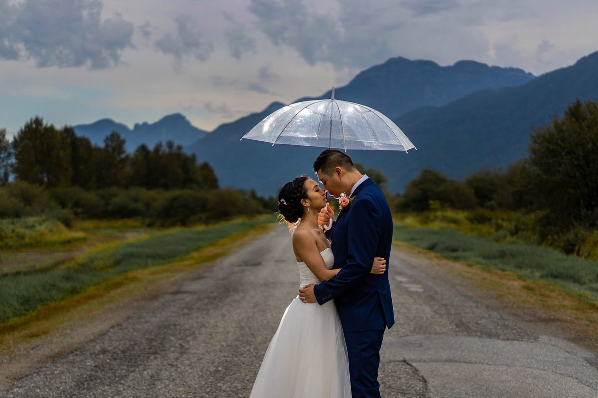 Pitt Lake wedding with bride and groom on the road