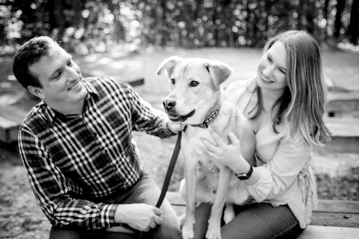 An engagement session with a pup at Umstead Park in Cary, NC