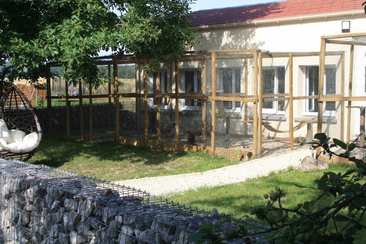 Façade du bâtiment de la pension pet's home avec les jardinets extérieurs privatifs