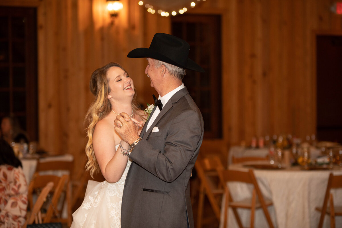 father of the bride dance with cowboy hat at Milestone Boerne Texas wedding