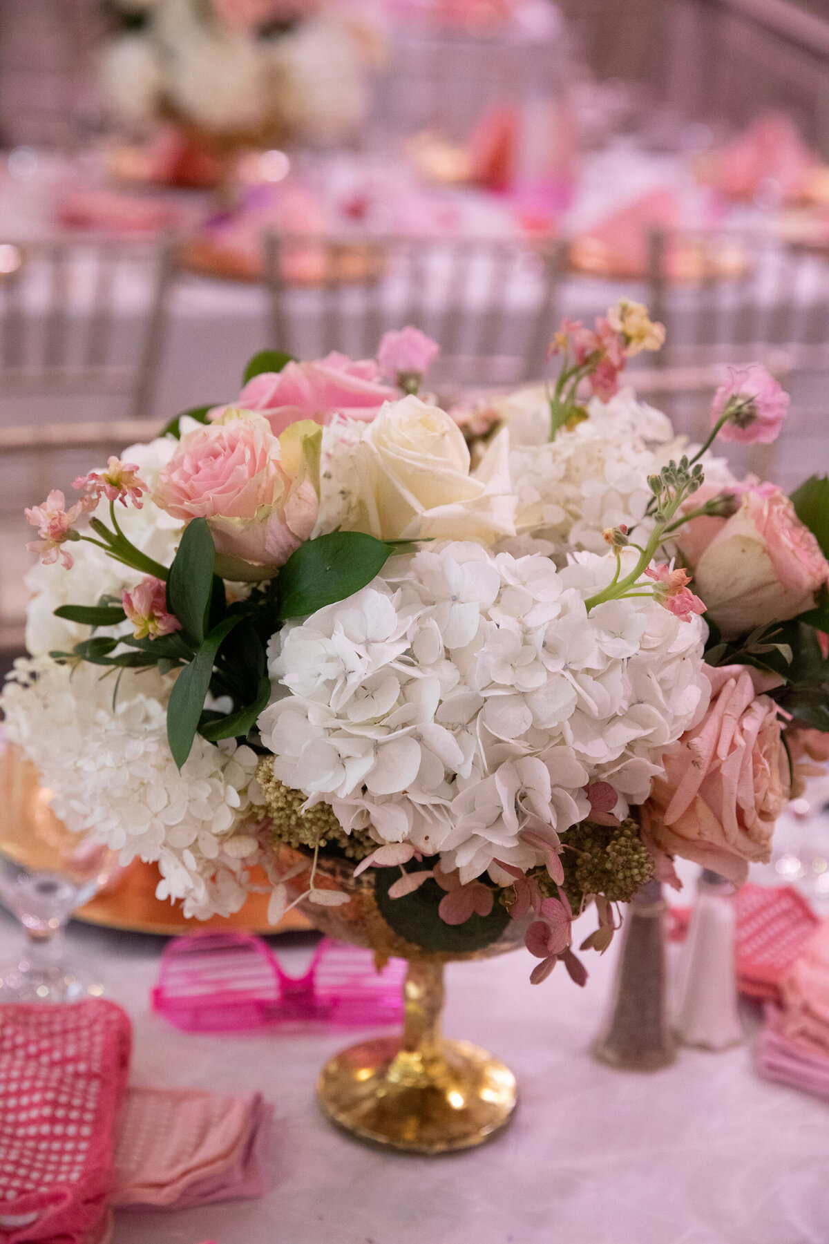 Elaborate pink white rose hydrangea centerpieces Briarcliff Manor Sweet 16 Photographer Westchester Milestone images
