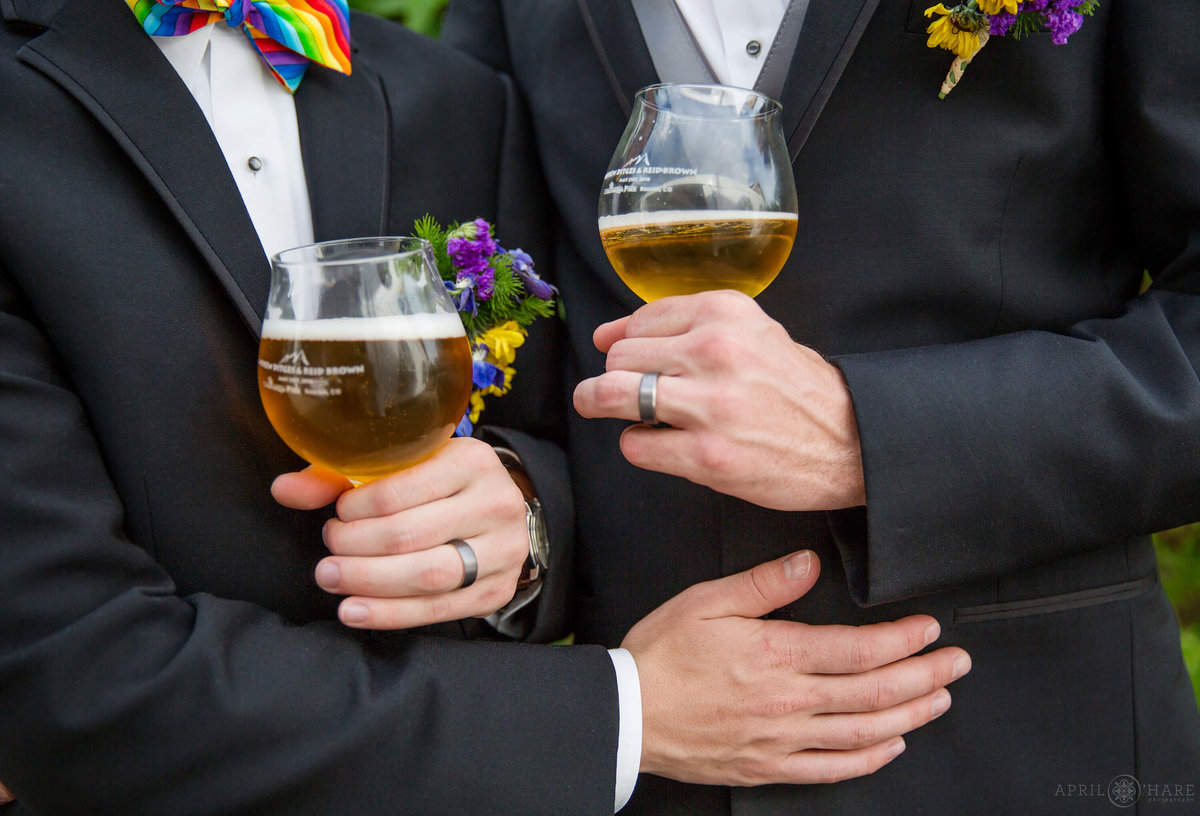 Craft Beer Lovers Wedding with custom printed tulip beer glasses for a Gay Wedding in Boulder CO