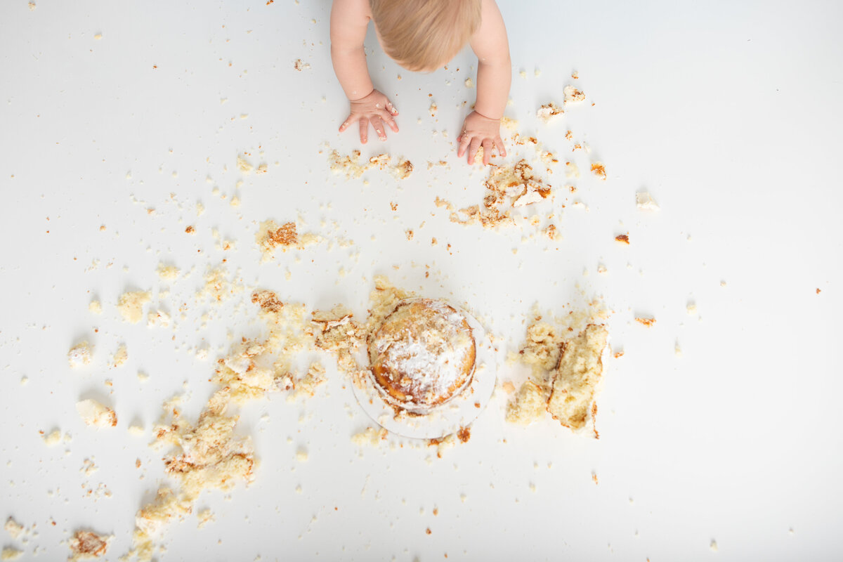 Baby crawling through a smashed cake