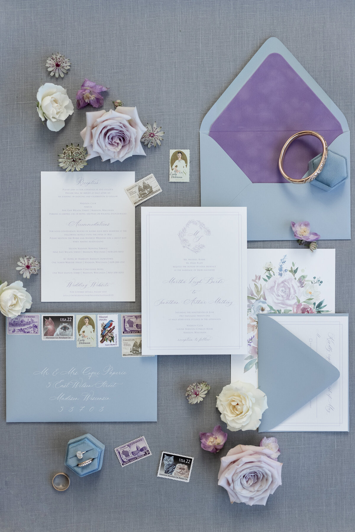 Custom Purple Blue Wedding Stationery Suite