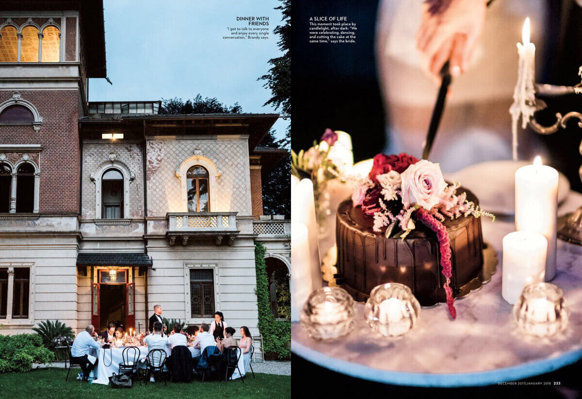 Photos of the wedding reception outside the villa and chocolate wedding cake in Lake Como. Brides Magazine image by Jenny Fu Studio