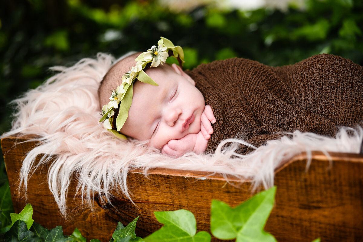 Beautiful Mississippi Newborn Photography: newborn girl with floral crown lays in a bed of ivy
