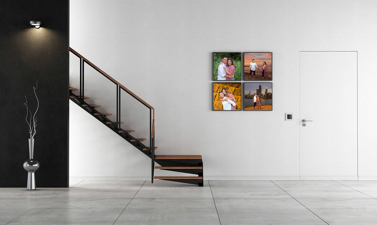 4 fine-art images near modern staircase.