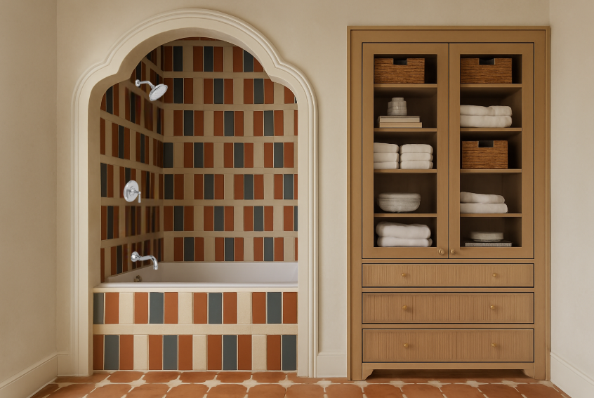 Dana Point home remodel by Orange County interior designer Terri Brien Interiors.Guest bath remodel with arched alcove tub shower, terracotta and navy blue tile, terracotta spanish pattern floor tile, white oak built in.