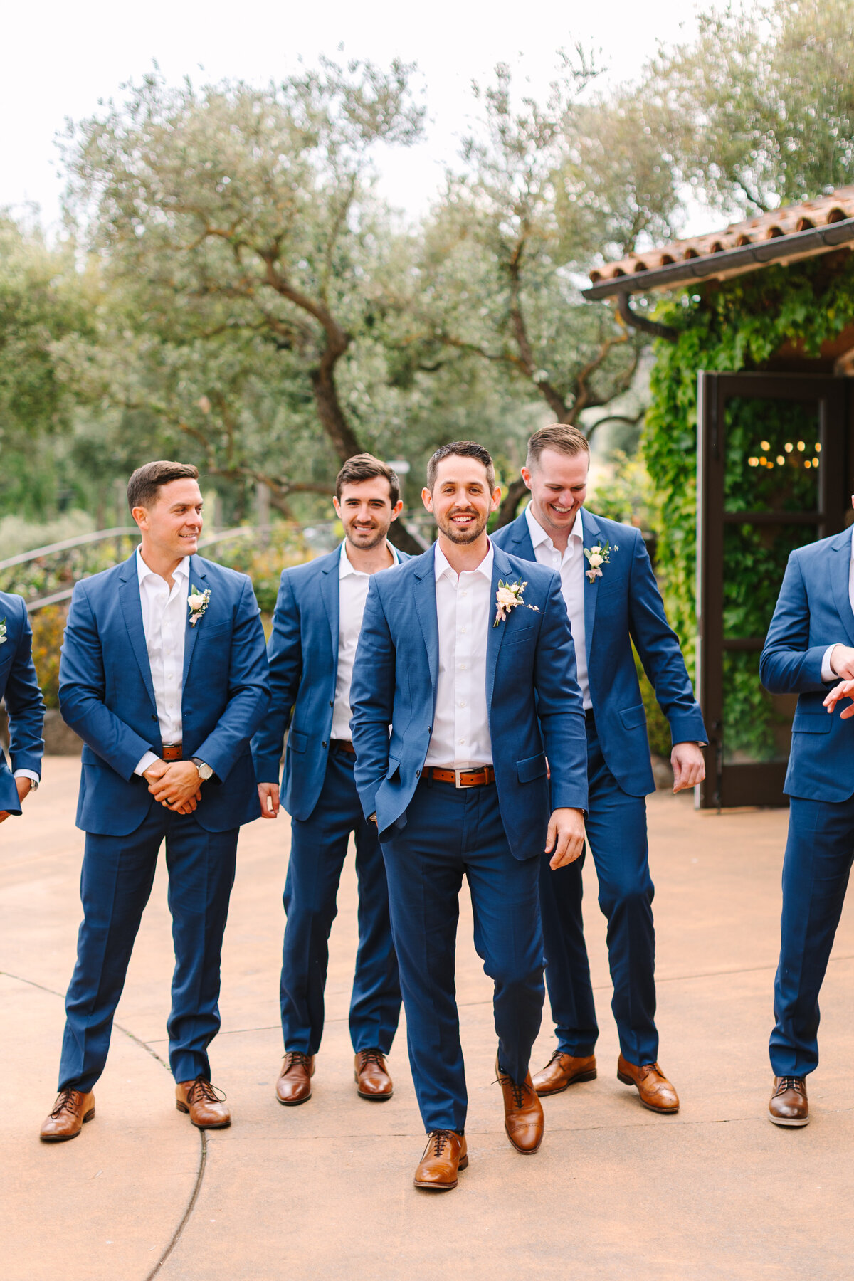 groom with groomsmen casually smiling in front of sonoma county vineyard.
