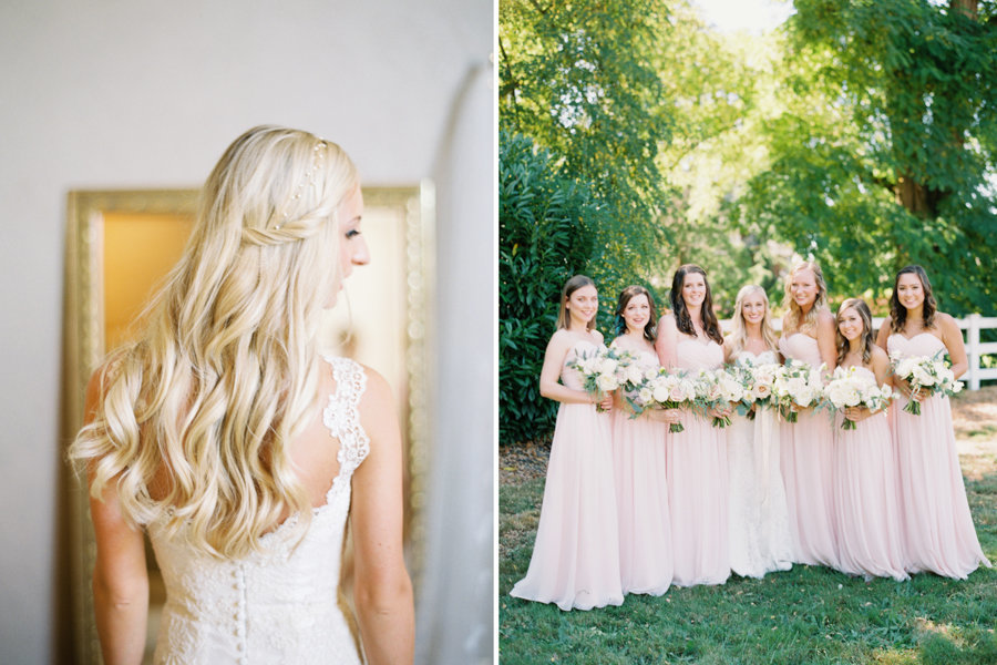 Bridal party wearing soft blush pink dresses.