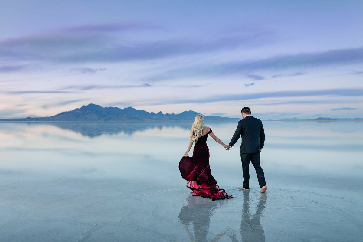 Utah Bonneville salt Flats flooded susnset formal engagement couples photographer