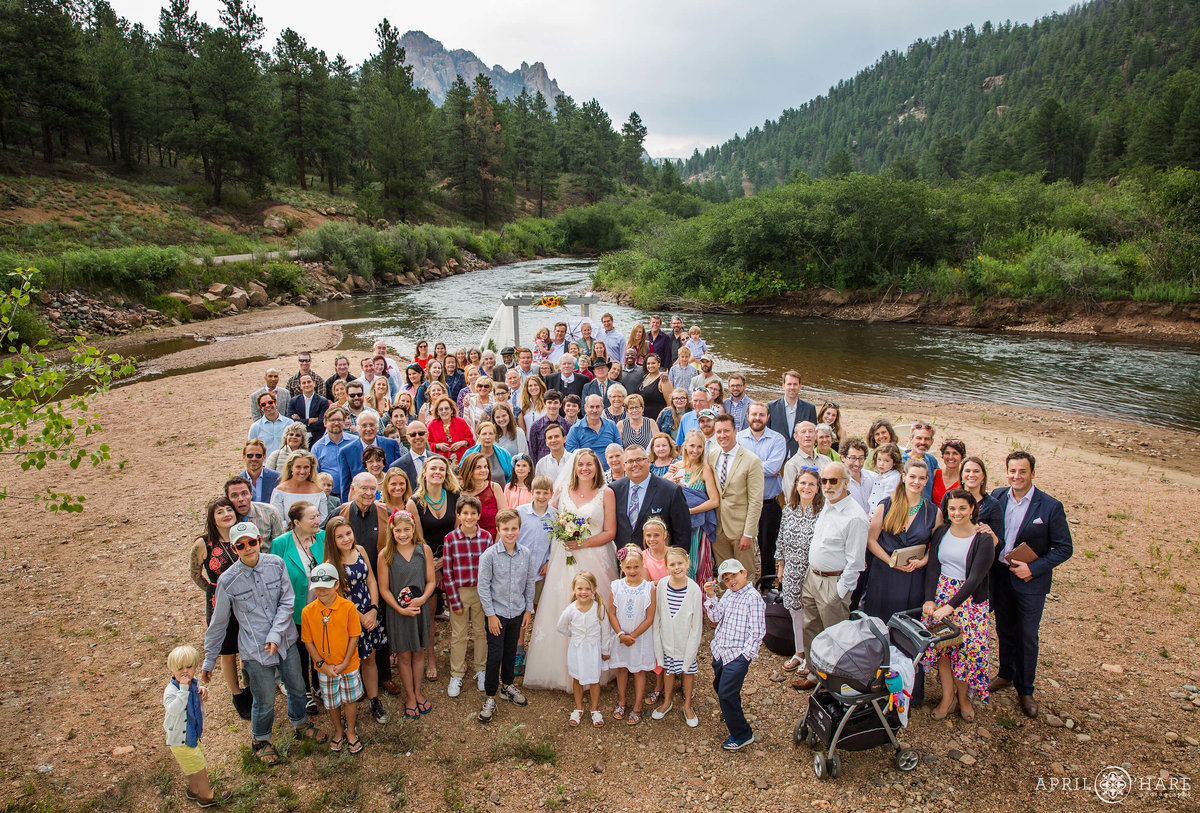 Huge Group Photo Riverside at a Colorado Mountain Wedding in Conifer