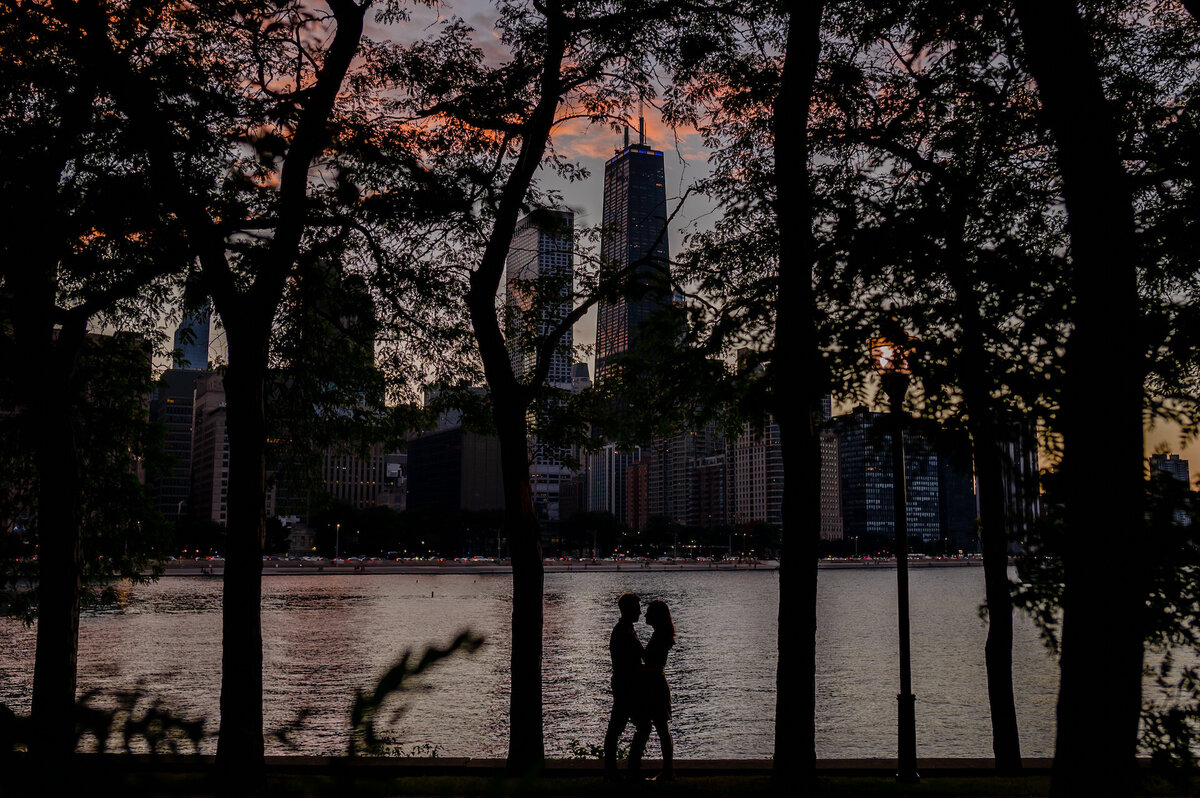 A couple is silhouetted in between trees at Milton Olive Park in Chicago.