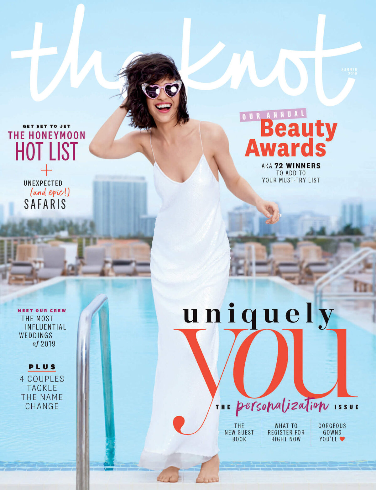 A bride is standing in front of a swimming pool in a The Knot Magazine cover.