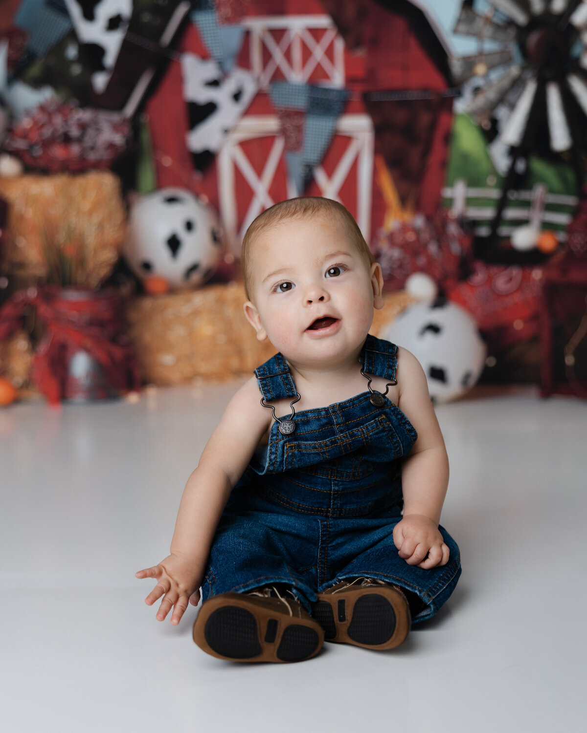 Baby boy sitting in front of a farm-themed backdrop wearing denim overalls during his first birthday photo session.
Photograph by Yucaipa cake smash photographer Kaitlyn Dawn Photography.