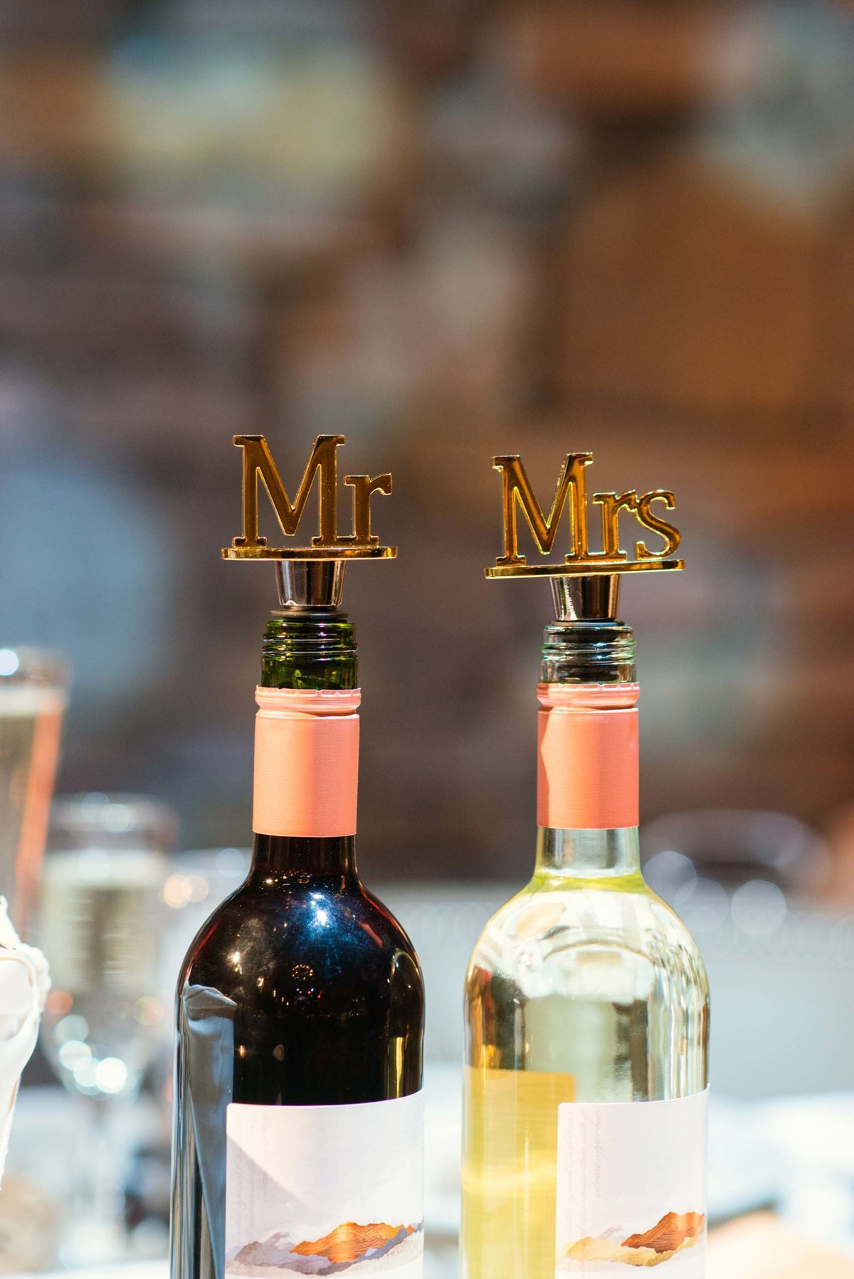 Mr and Mrs wine bottle stoppers at Fox Hollow
