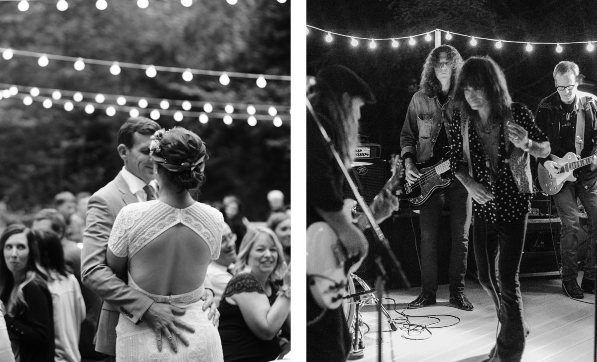 live band and couple kissing under cafe lights for wedding