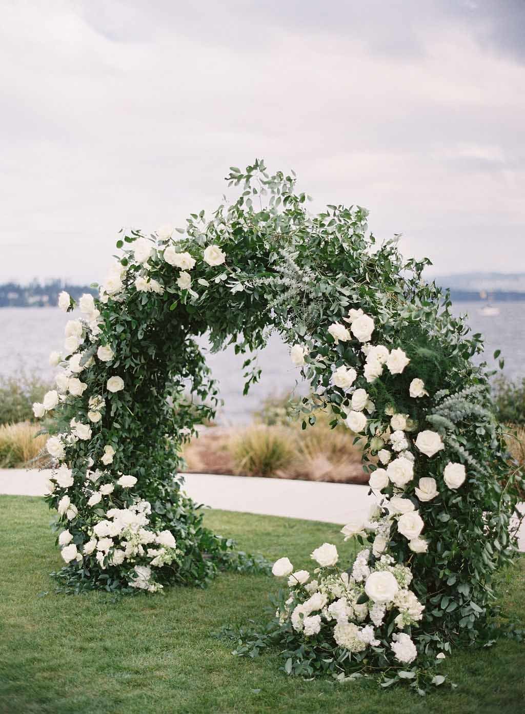 greenery circle arch with white roses at Seattle tennis club wedding