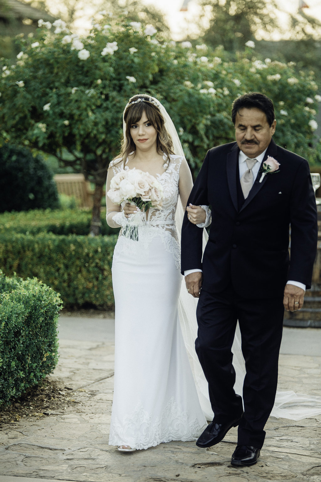 Wedding Photograph Of Bride And Father in Black Suit Walking Los Angeles