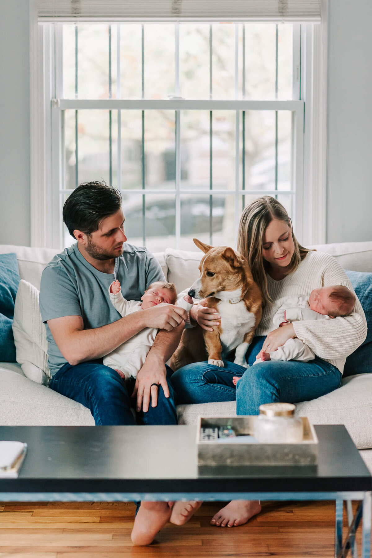 A sweet family and corgi in Washington DC enjoying their newborn photography by Denise Van