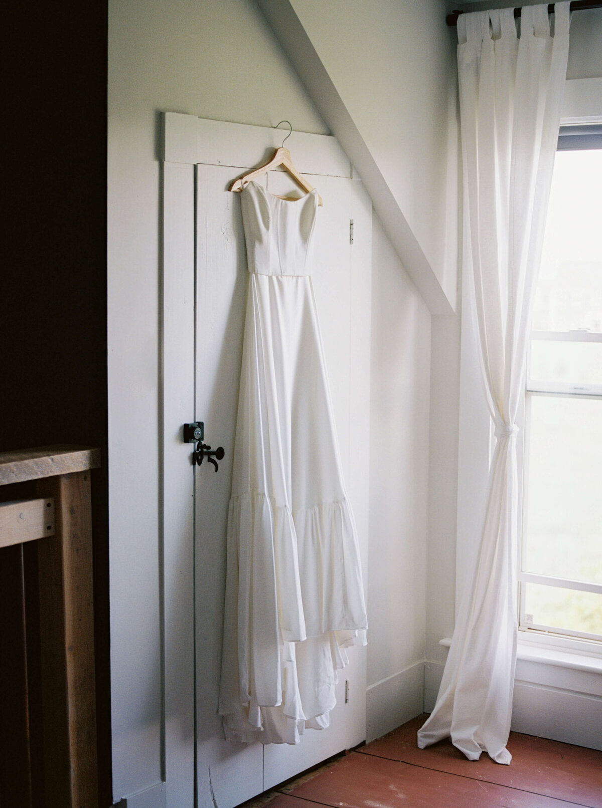 Wedding dress hanging up for  Woodburn Ridge Wedding, Nova Scotia