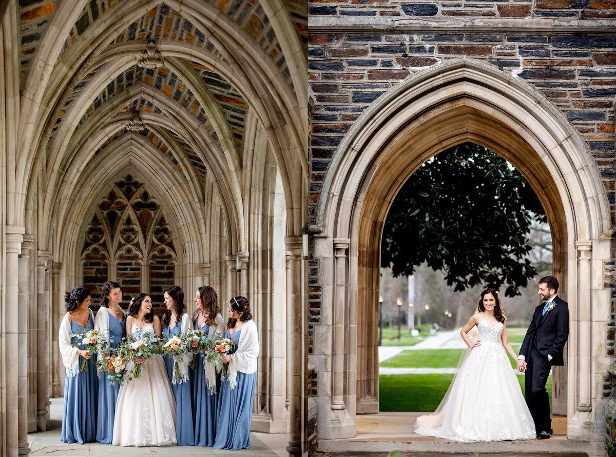 Bridal party and bride and groom portraits at Duke University Chapel