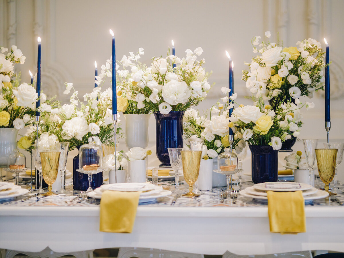 oruka events wedding planner glassware table setting tablescape blue and yellow flowers decor nigerian wedding in toronto 165609IMG_0570