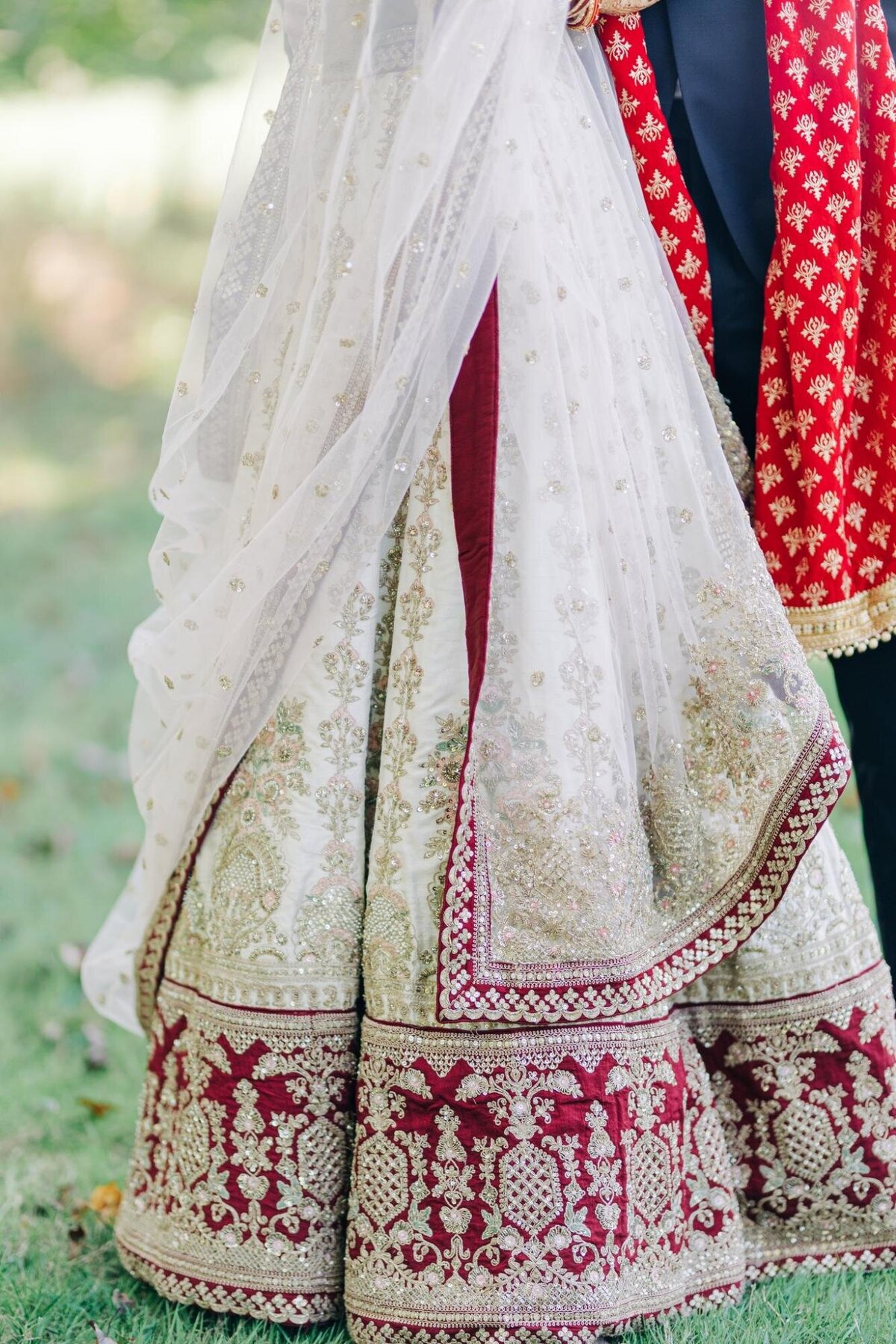 Detailed view of a bride and groom in traditional indian wedding attire, focusing on the intricate designs of the bride's saree and veil.