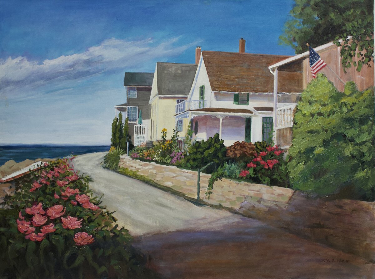Painting of houses by the seaside with colorful gardens, in Stony Creek, Branford CT, 30 x 40" acrylic painting, by Connecticut painter Linda Marino