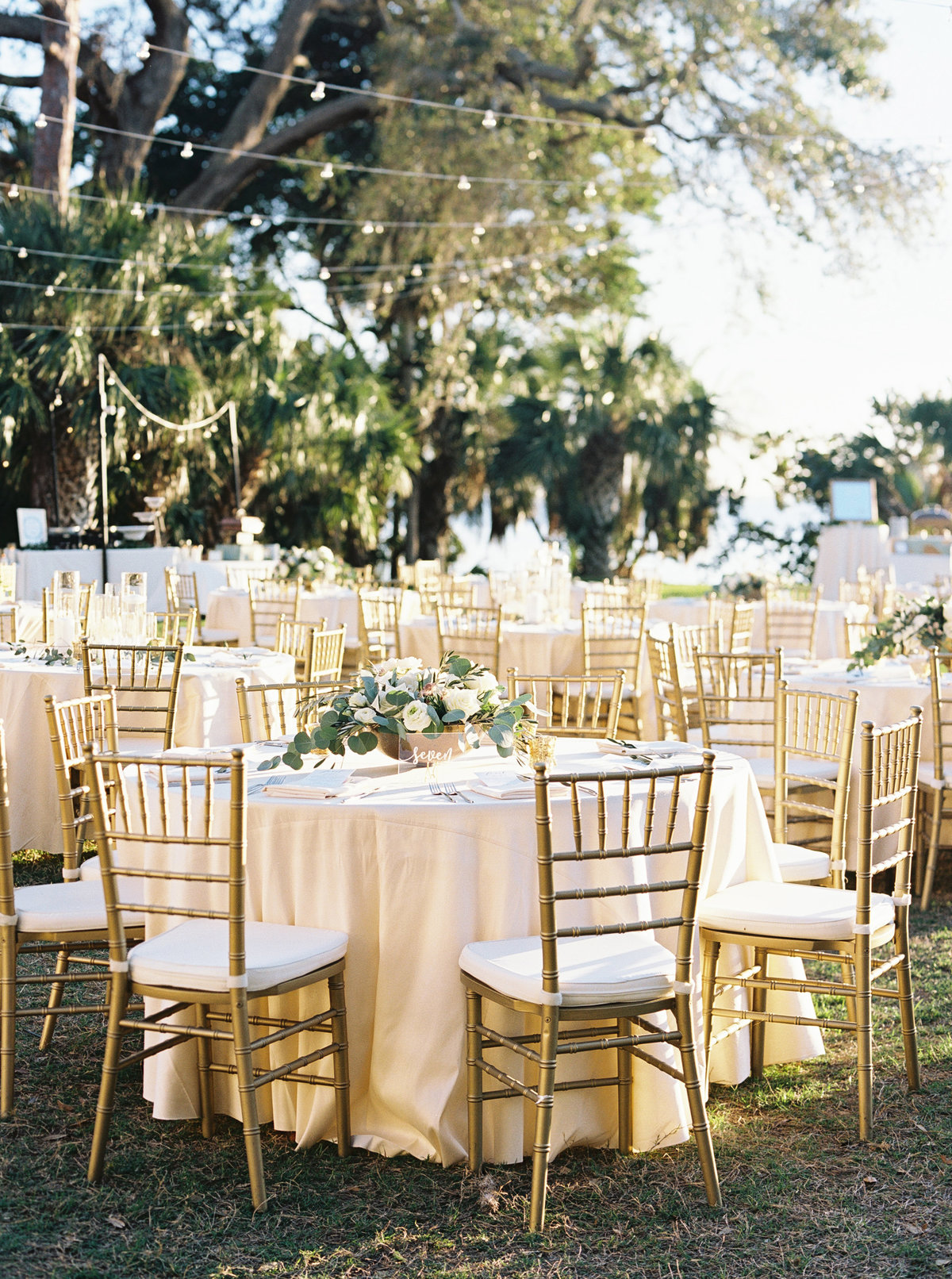 Garden lawn wedding with gold chairs and elegant decor