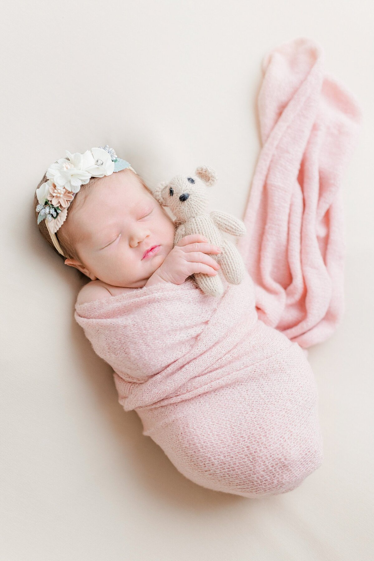 newborn girl in blush with teddy