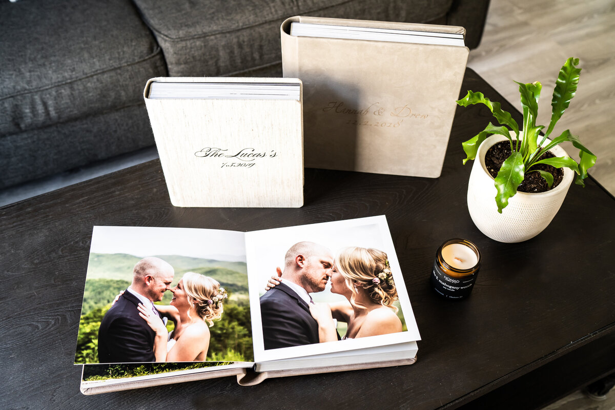 Luxury Wedding Portraits by Moving Mountains Photography in NC - Photo of a custom photography album and artwork.