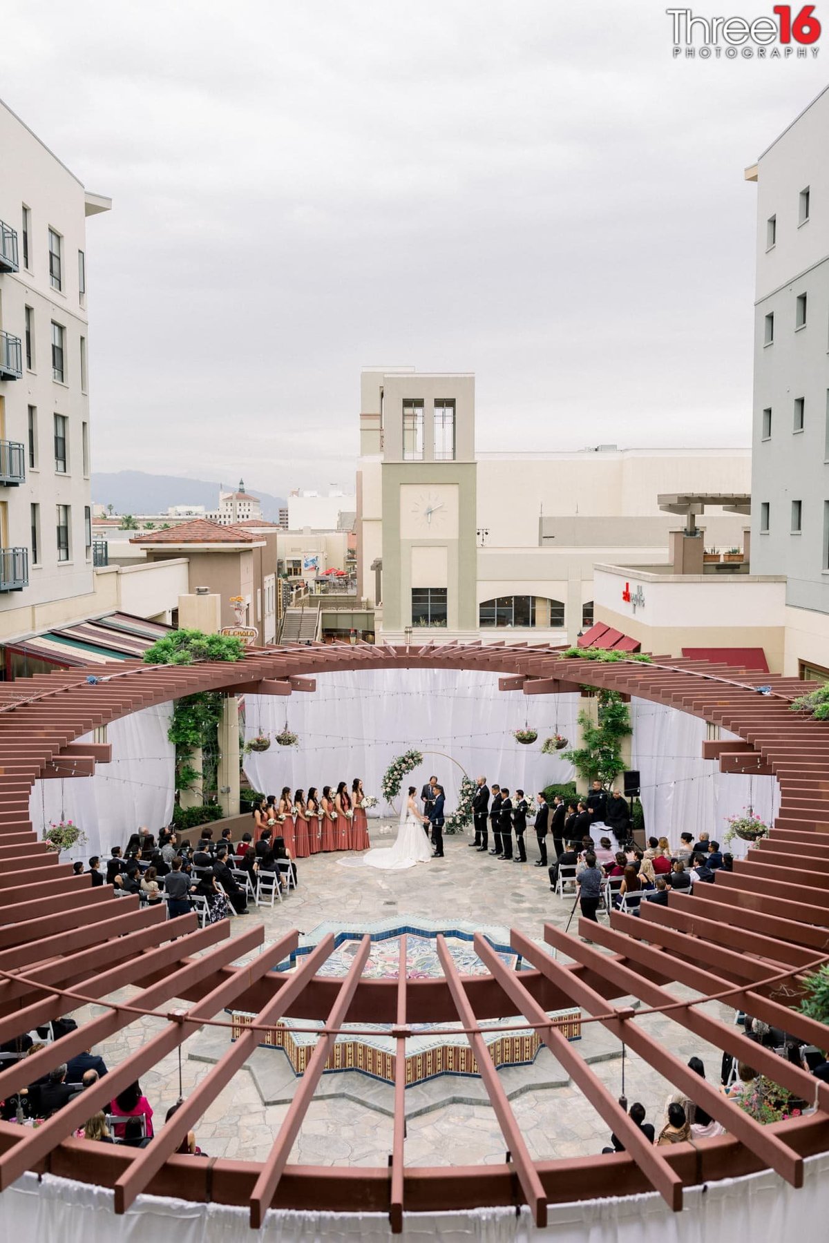 Aerial photo of a wedding ceremony at the NOOR in Pasadena