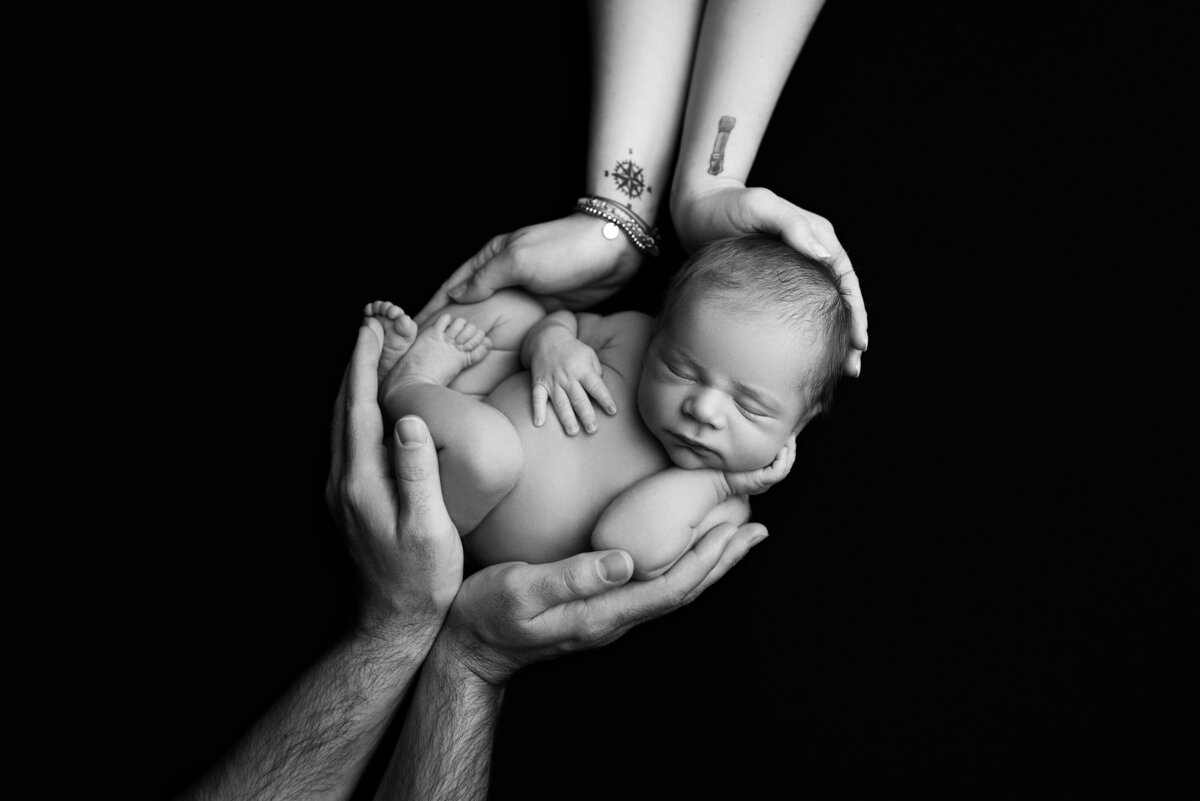 New Jersey's best newborn photographer, Katie Marshall, captures an aerial image of a baby sleeping. Baby is curled up with one hand atop of his chest and the other resting on his cheek. Mom's hands are cradling baby from above and dad's hands are cradling baby from below.