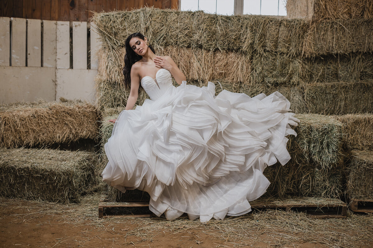 bridal dress in barn